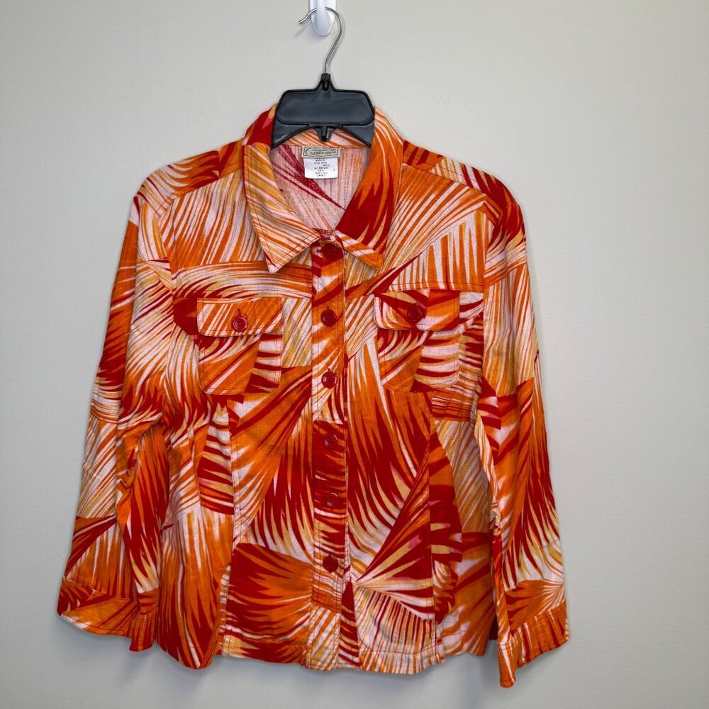 VTG Company Collection Womens Linen Blend Button-Up Shirt Tropical Size PL